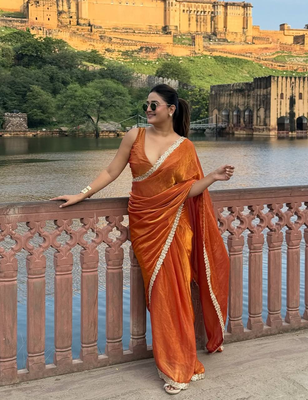 Burnt Orange Two Tone Space Silk Bollywood Celebrity Saree