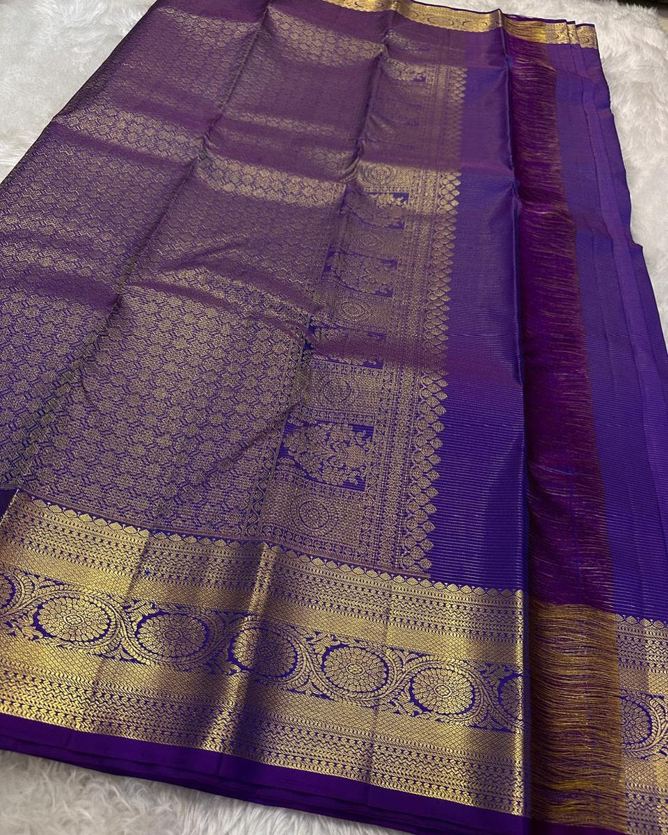 Ayushi – Purple Banarasi Soft Silk Saree with Gold Zari Butti & Heritage Border