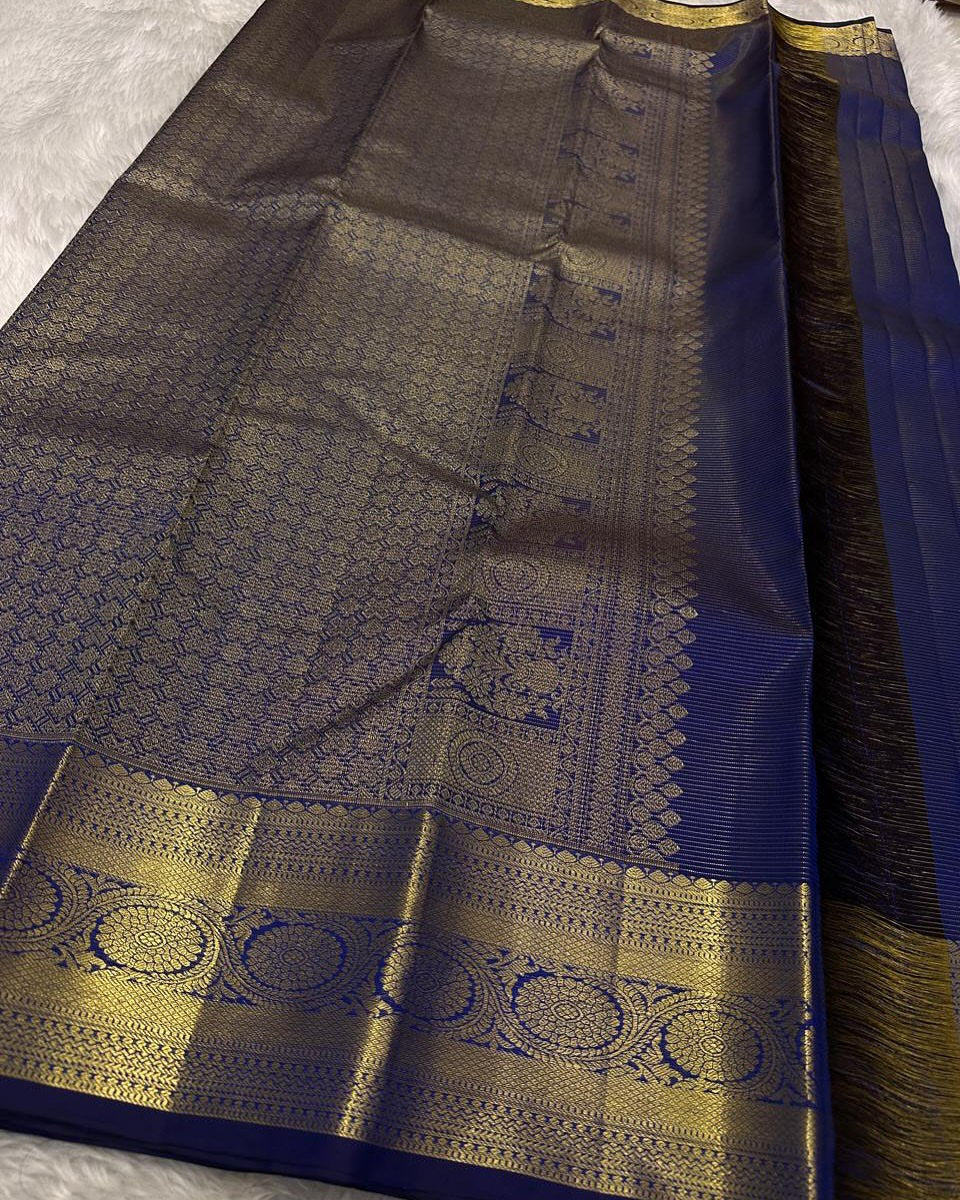 Ayushi – Royal Blue Banarasi Soft Silk Saree with Gold Zari Butti & Classic Border