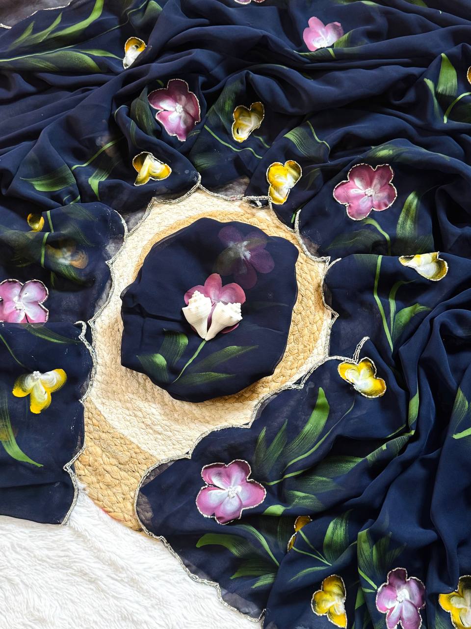 Celebrity Style Handpainted Navy Blue Georgette Saree with Cut Dana Khatali Work