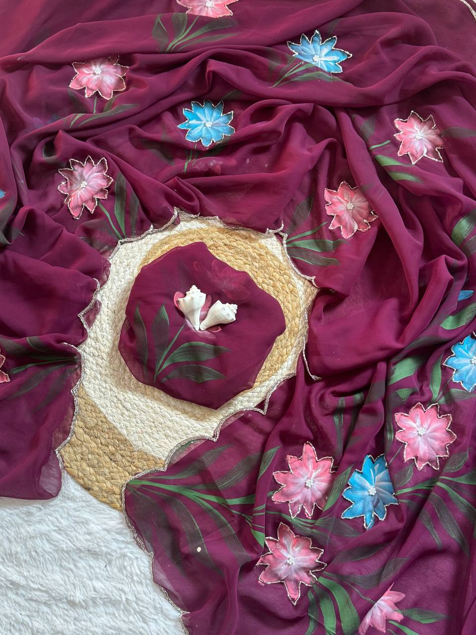 Celebrity Style Handpainted Wine Georgette Saree with Cut Dana Khatali Work