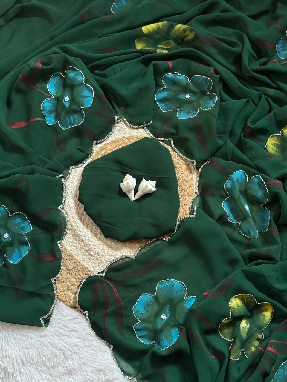 Celebrity Style Handpainted Green Georgette Saree with Cut Dana Khatali Work