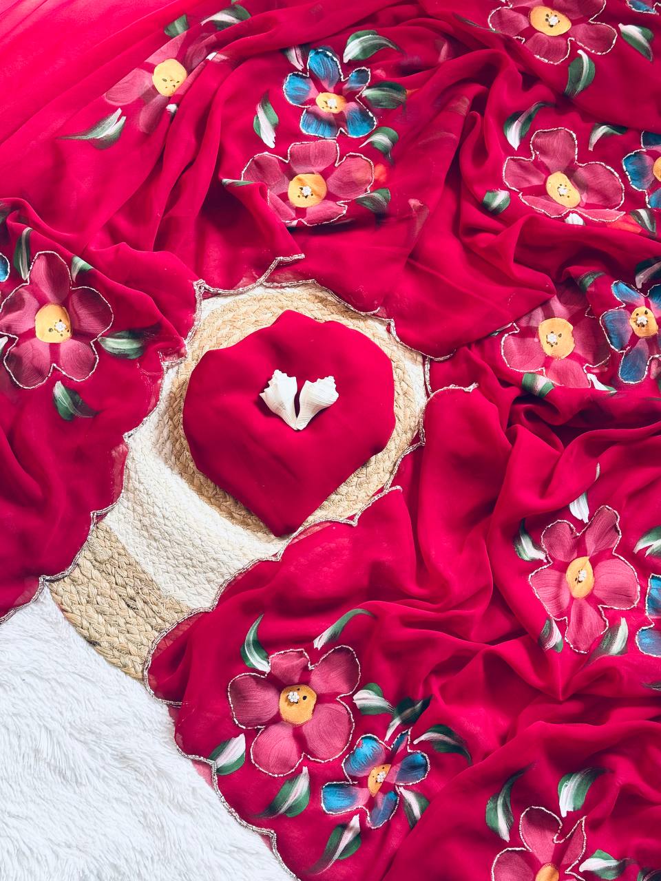 Celebrity Style Handpainted Floral Georgette Saree with Cut Dana Khatali Work