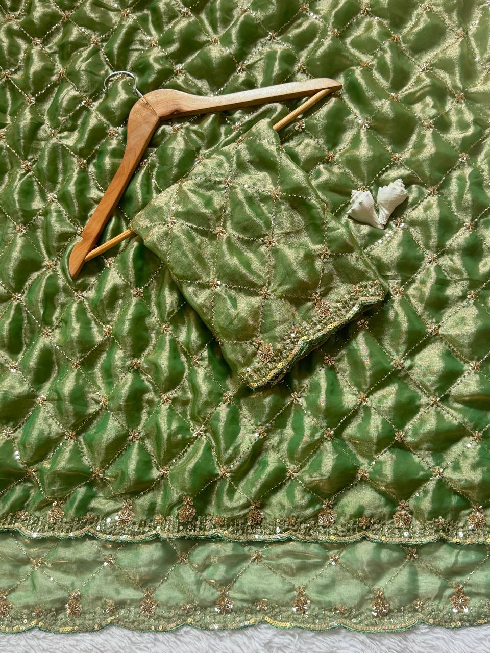 Green Space Silk Designer Saree with Beads & Sequin Handwork