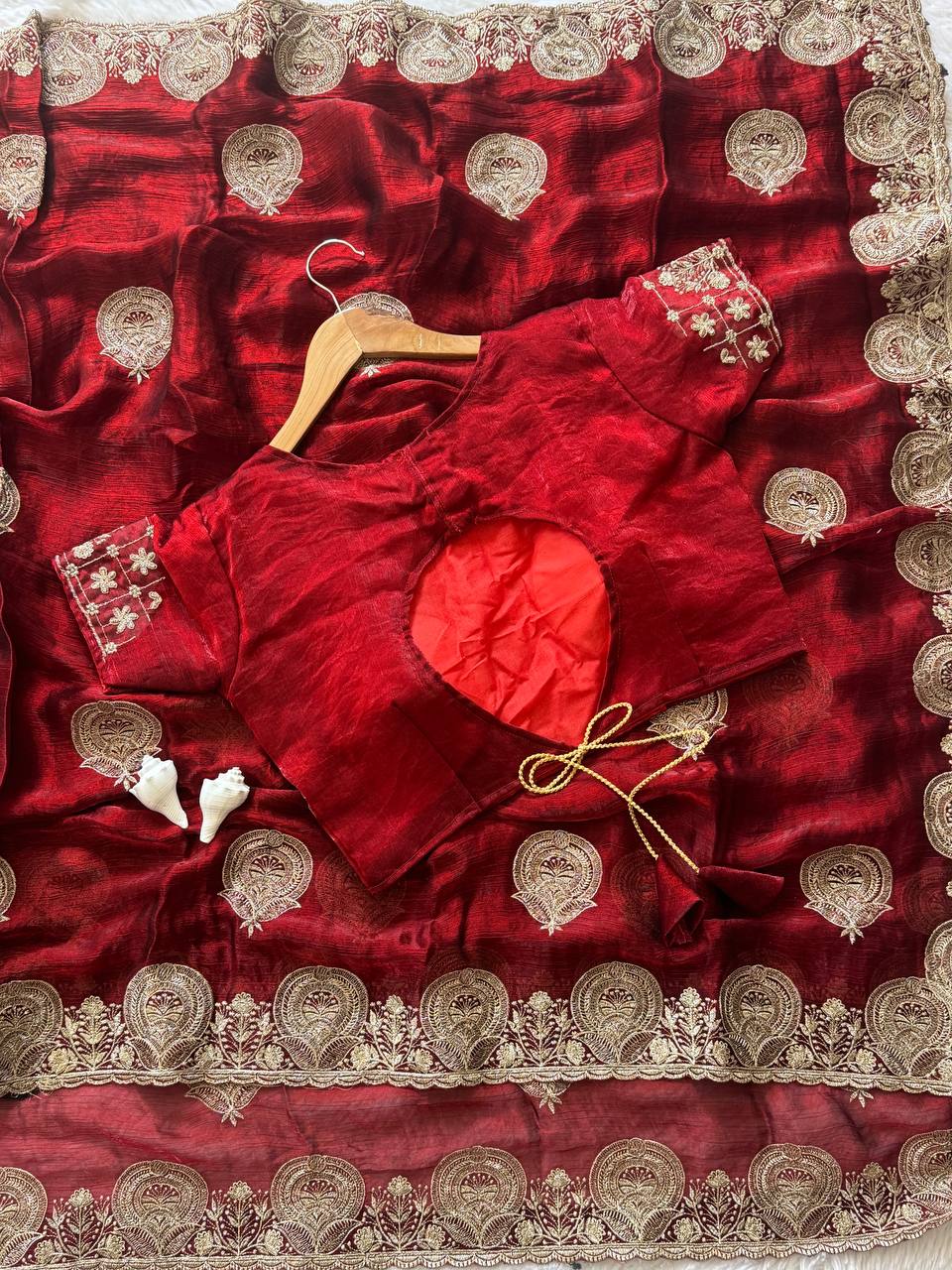 Wine Red Satin Saree with Heavy Embroidered Border & Stitched Blouse