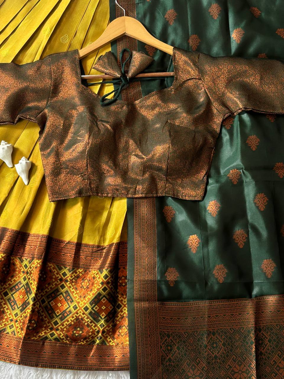 Mustard Yellow Kanjiveram Silk Half Saree with Green Zari Dupatta