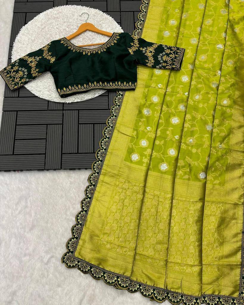 Lime Green Zari Mina Work Saree with Dark Green Embroidered Stitched Blouse