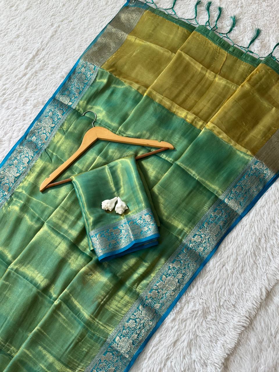 Sea Green Soft Space Silk Saree with Sky Blue Zari Border & Rich Zari Pallu