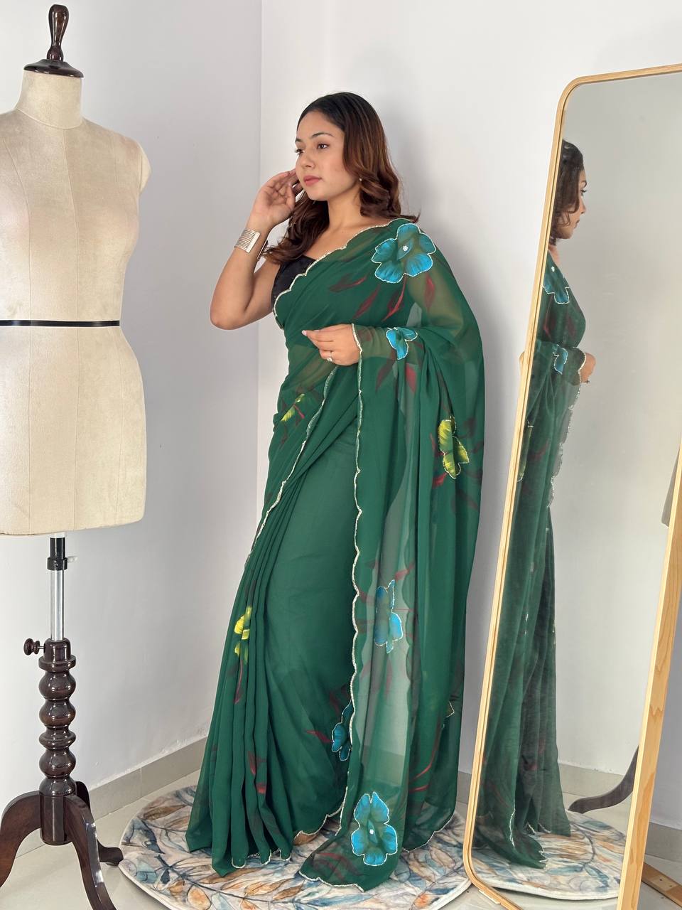 Celebrity Style Handpainted Green Georgette Saree with Cut Dana Khatali Work