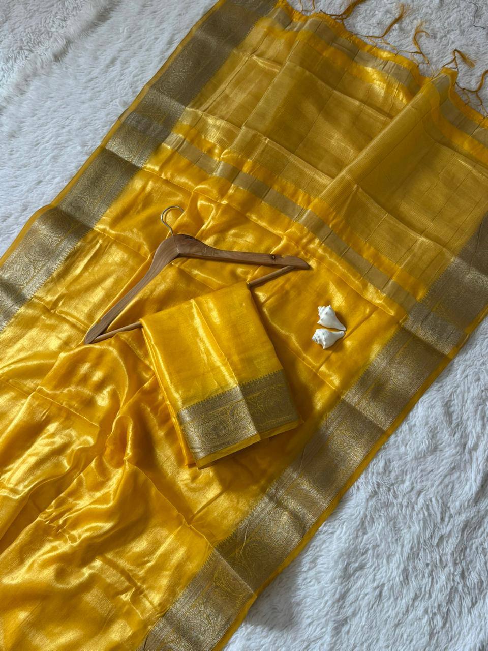 Mustard Yellow Super Shine Space Silk Saree with Pure Zari Belt Border