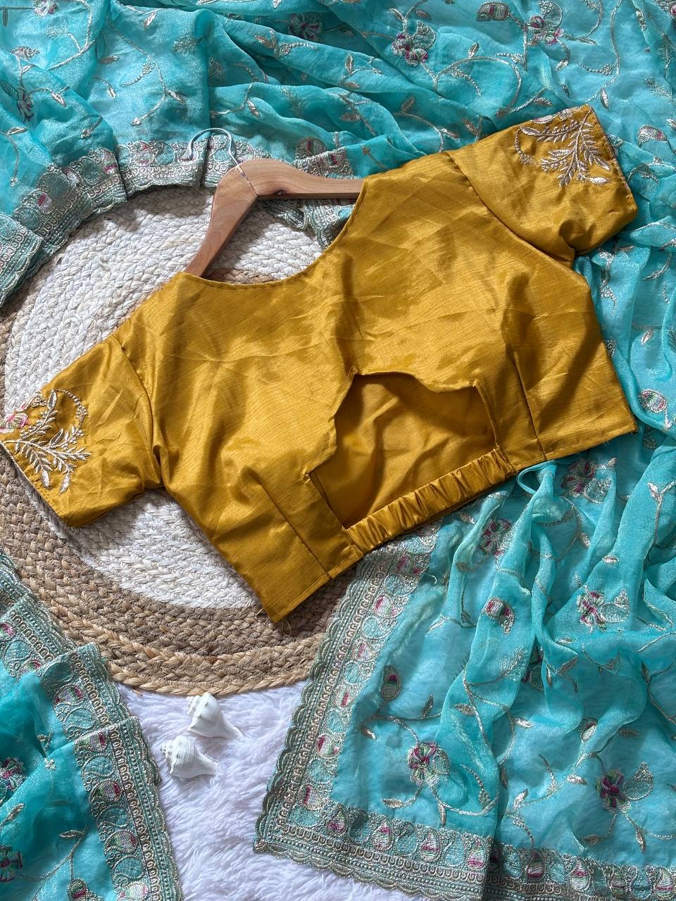 Sea Green NC Satin Wedding Saree with Rich Zari Meena Embroidery and Stitched Blouse