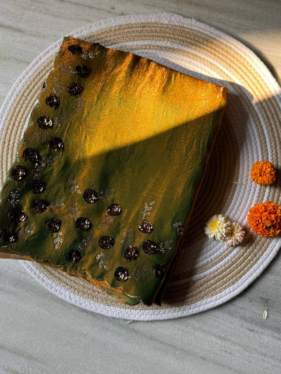 Mustard Two-Tone Fendy Chiffon Party Wear Saree with Diamond Cut Dana Zarkhand Work