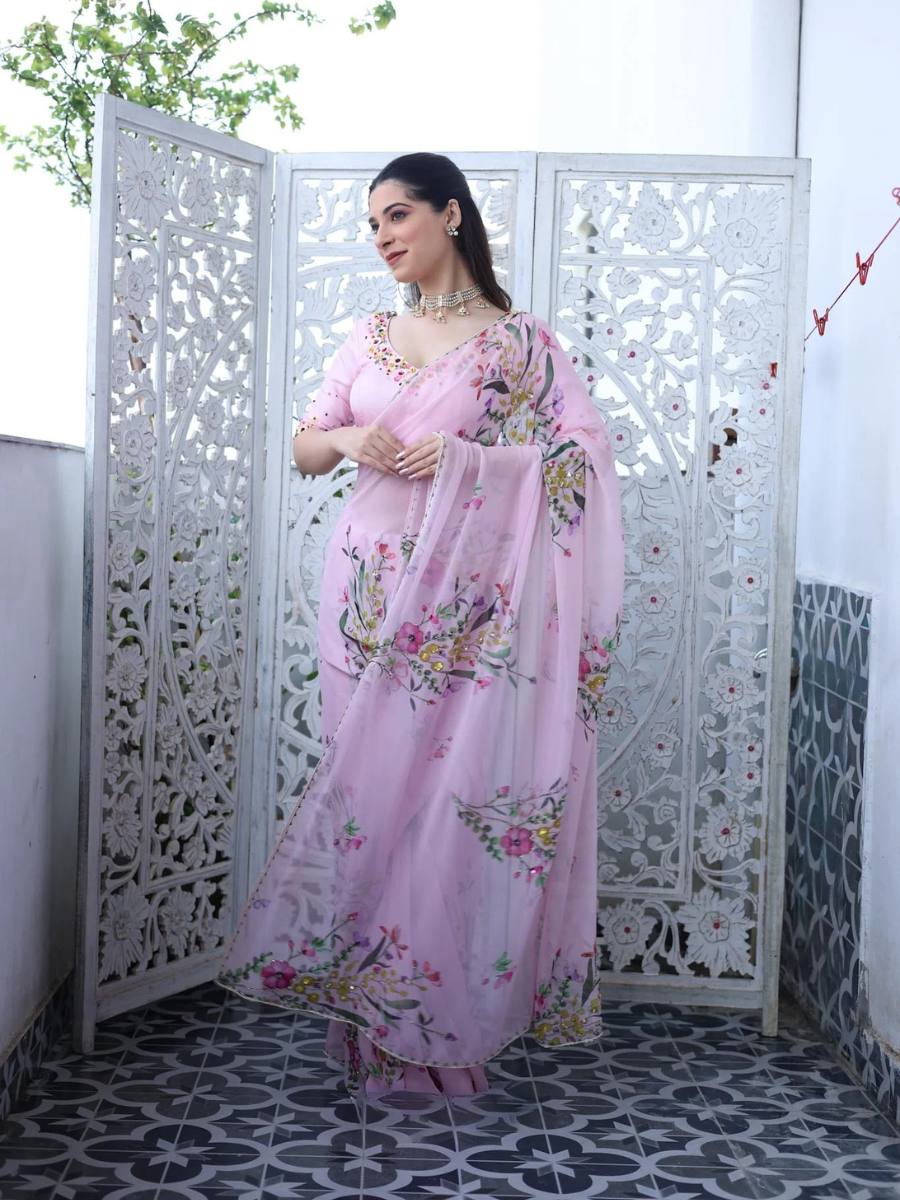Soft Pink Tabi Organza Celebrity Style Saree with Floral Handwork