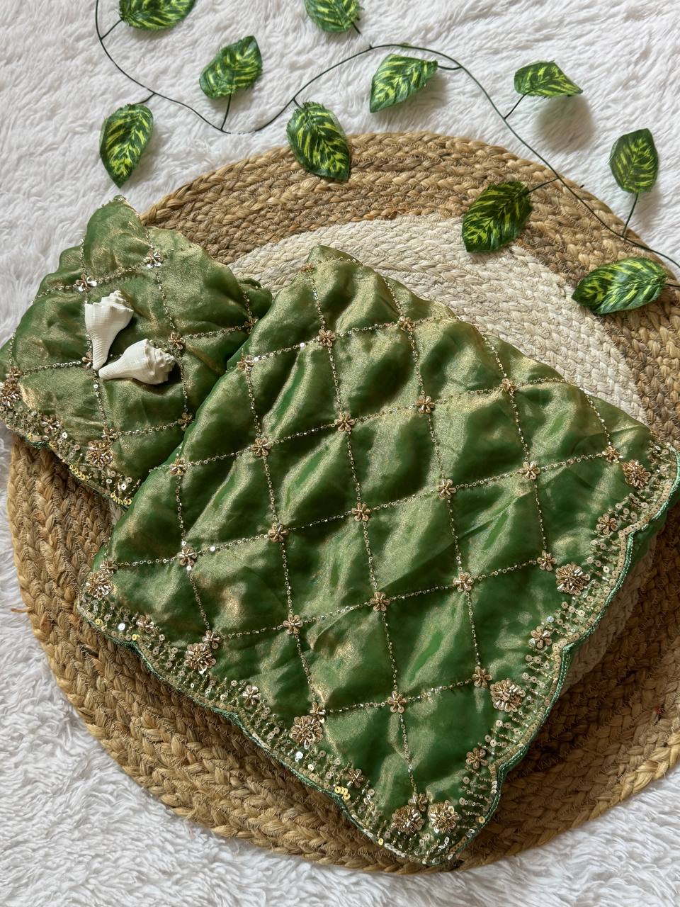 Green Space Silk Designer Saree with Beads & Sequin Handwork