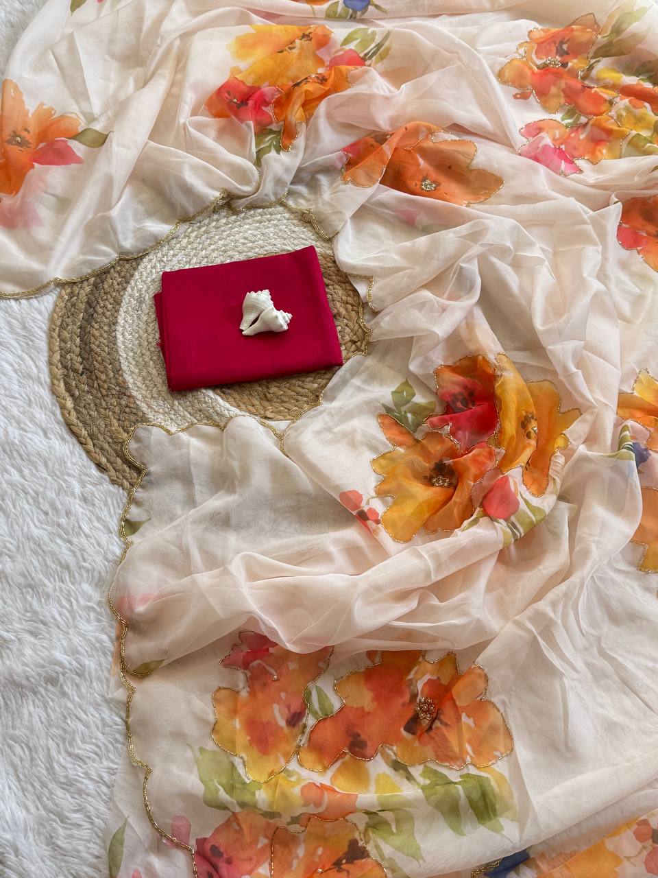 Off White Soft Tabi Organza Saree with Floral Cut Dana Handwork