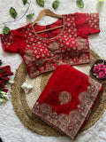 Classic Red Satin Saree with Heavy Embroidered Border and Stitched Blouse