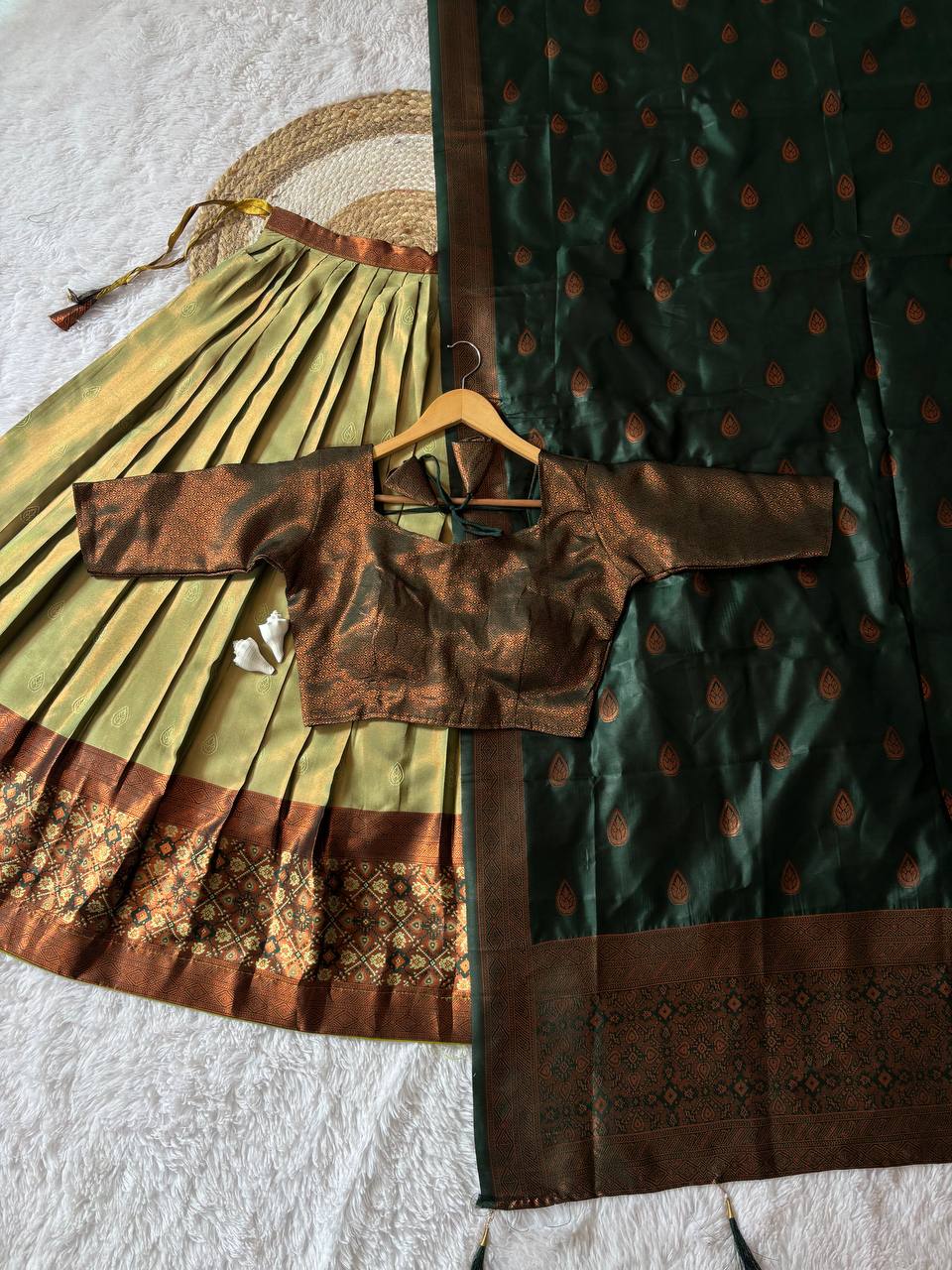 Olive Green Kanjiveram Silk Half Saree with Copper Zari Border