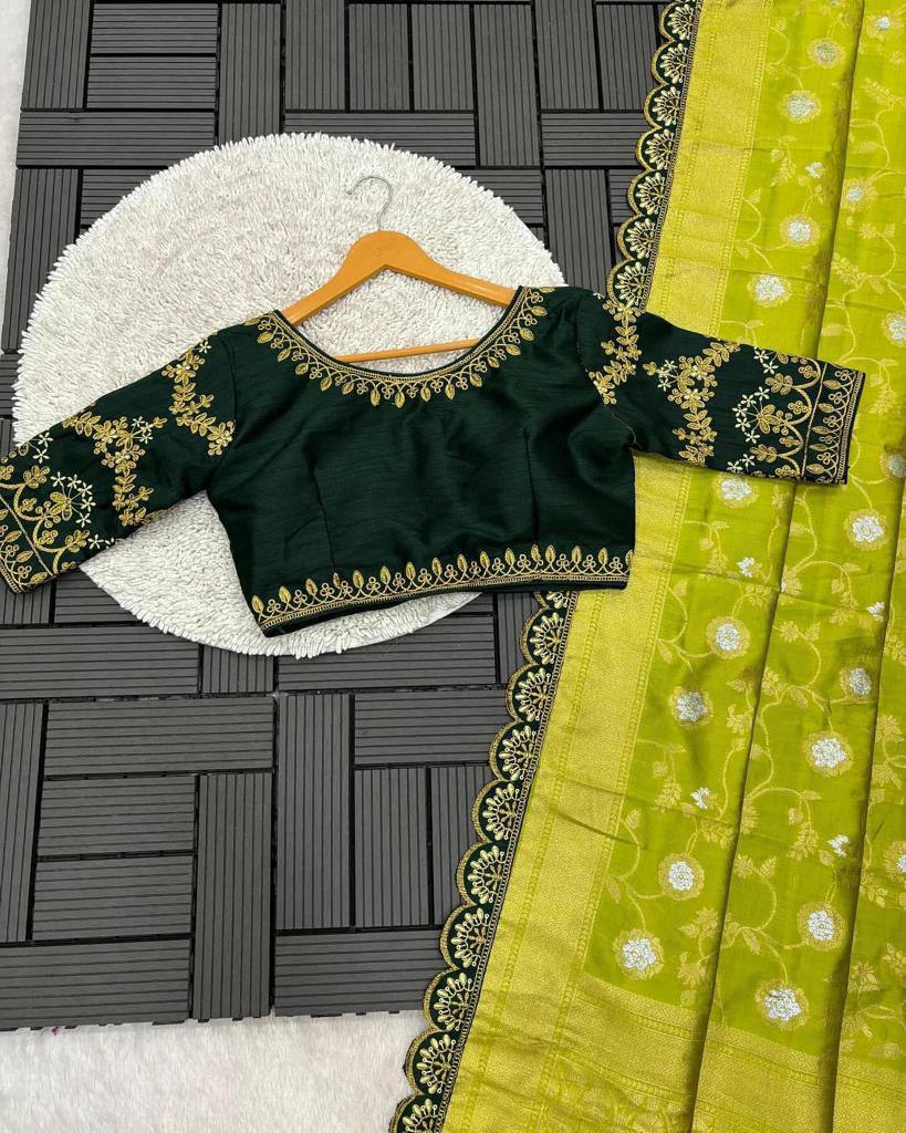 Lime Green Zari Mina Work Saree with Dark Green Embroidered Stitched Blouse