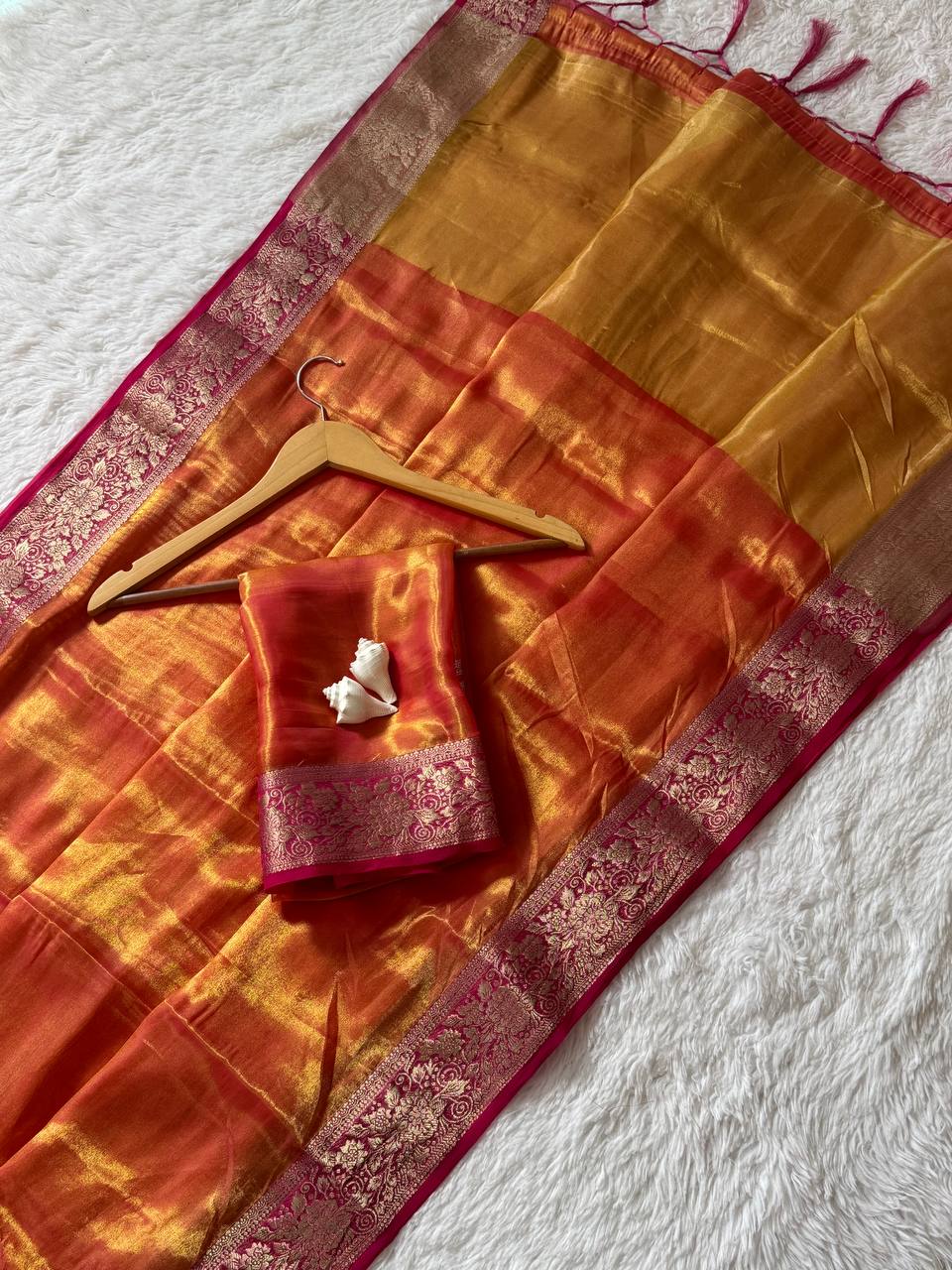 Sunset Orange Space Silk Saree with Pure Zari Border & Rich Zari Pallu