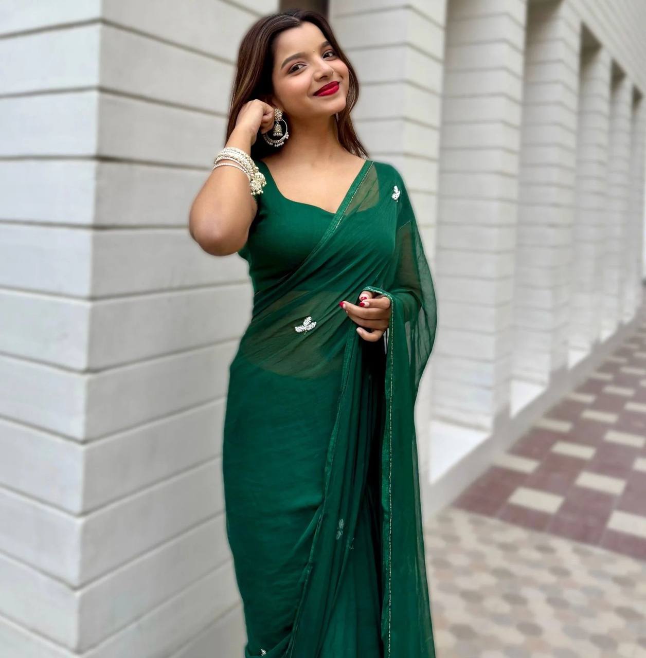 Bottle Green Handwork Cut Dana Georgette Dinner Saree with Silver Border