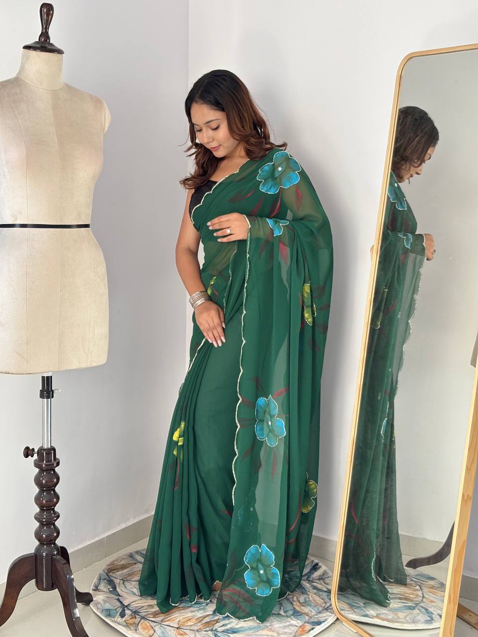 Celebrity Style Handpainted Green Georgette Saree with Cut Dana Khatali Work