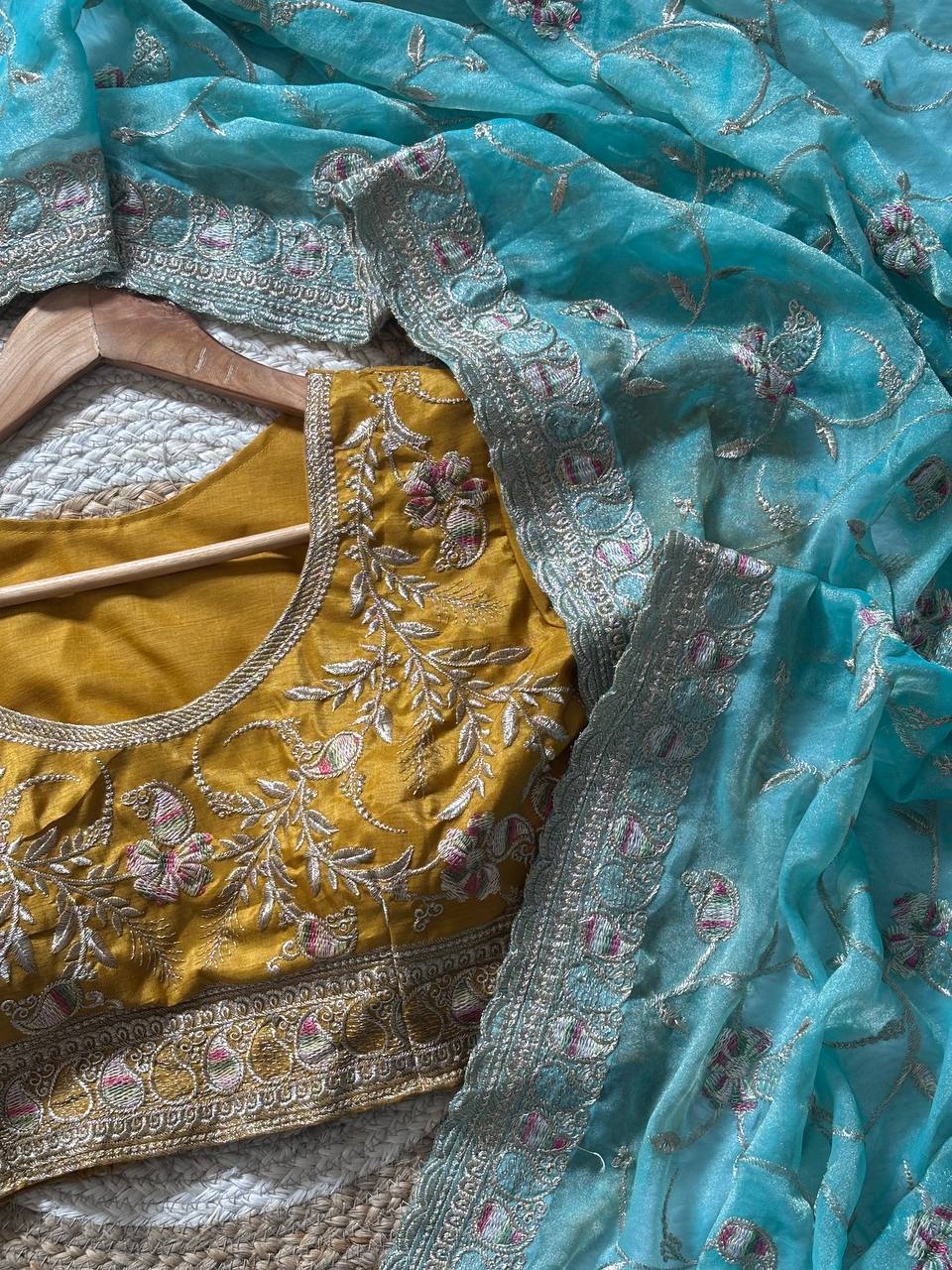 Sea Green NC Satin Wedding Saree with Rich Zari Meena Embroidery and Stitched Blouse