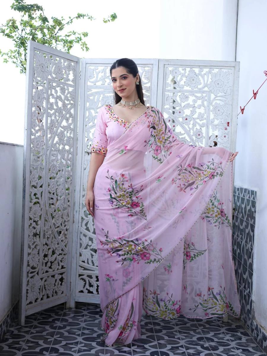 Soft Pink Tabi Organza Celebrity Style Saree with Floral Handwork