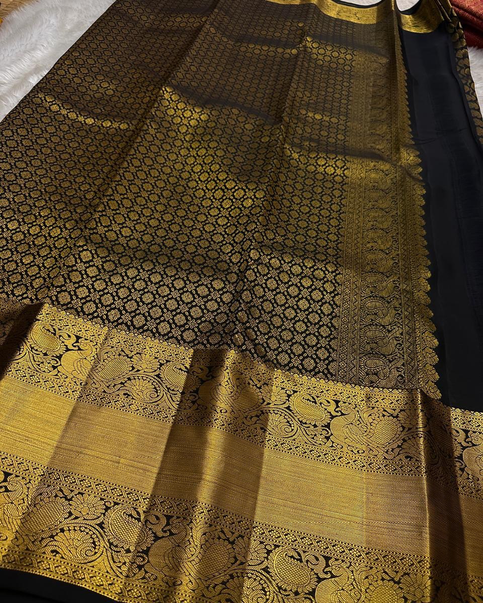 Shruti – Black Gold Banarasi Soft Silk Saree with Antique Zari Butti & Royal Border