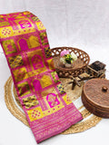 Sabita – Rani Pink Banarasi Soft Silk Saree with Contrast Zari Patch Motifs