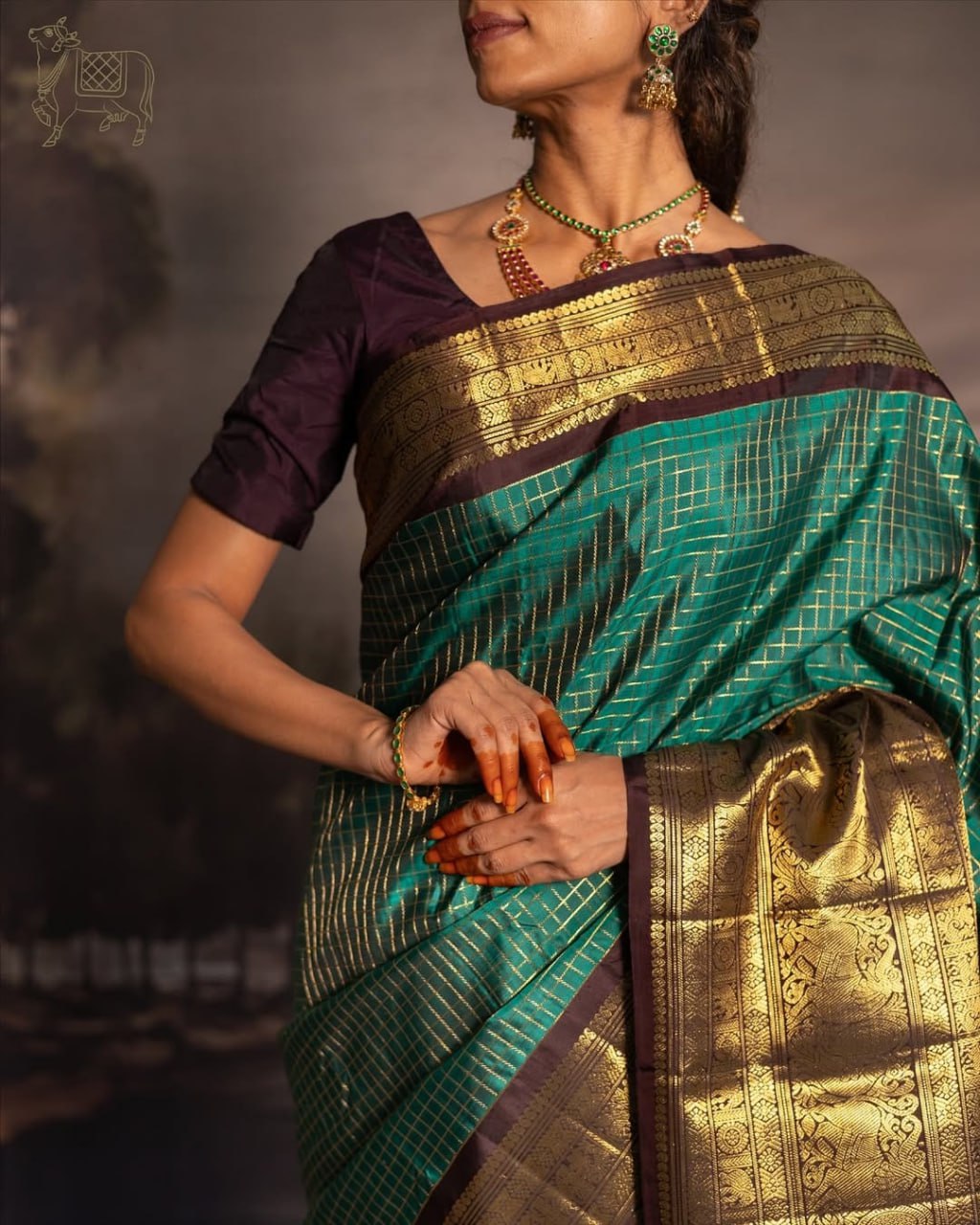 Pushpa – Emerald Green Banarasi Soft Silk Saree with Gold Checks & Contrast Zari Border
