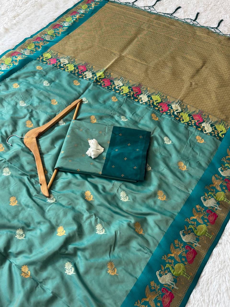 Aqua Green Soft Silk Saree with Zari Jacquard Border & Swan Motif Work