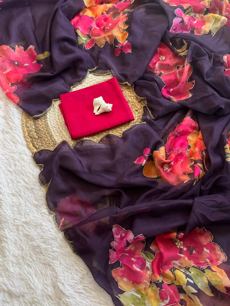 Rani Pink Soft Tabi Organza Saree with Floral Cut Dana Handwork