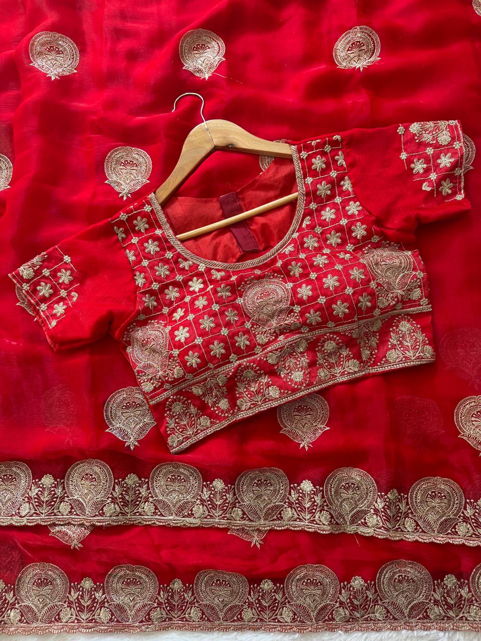 Classic Red Satin Saree with Heavy Embroidered Border and Stitched Blouse