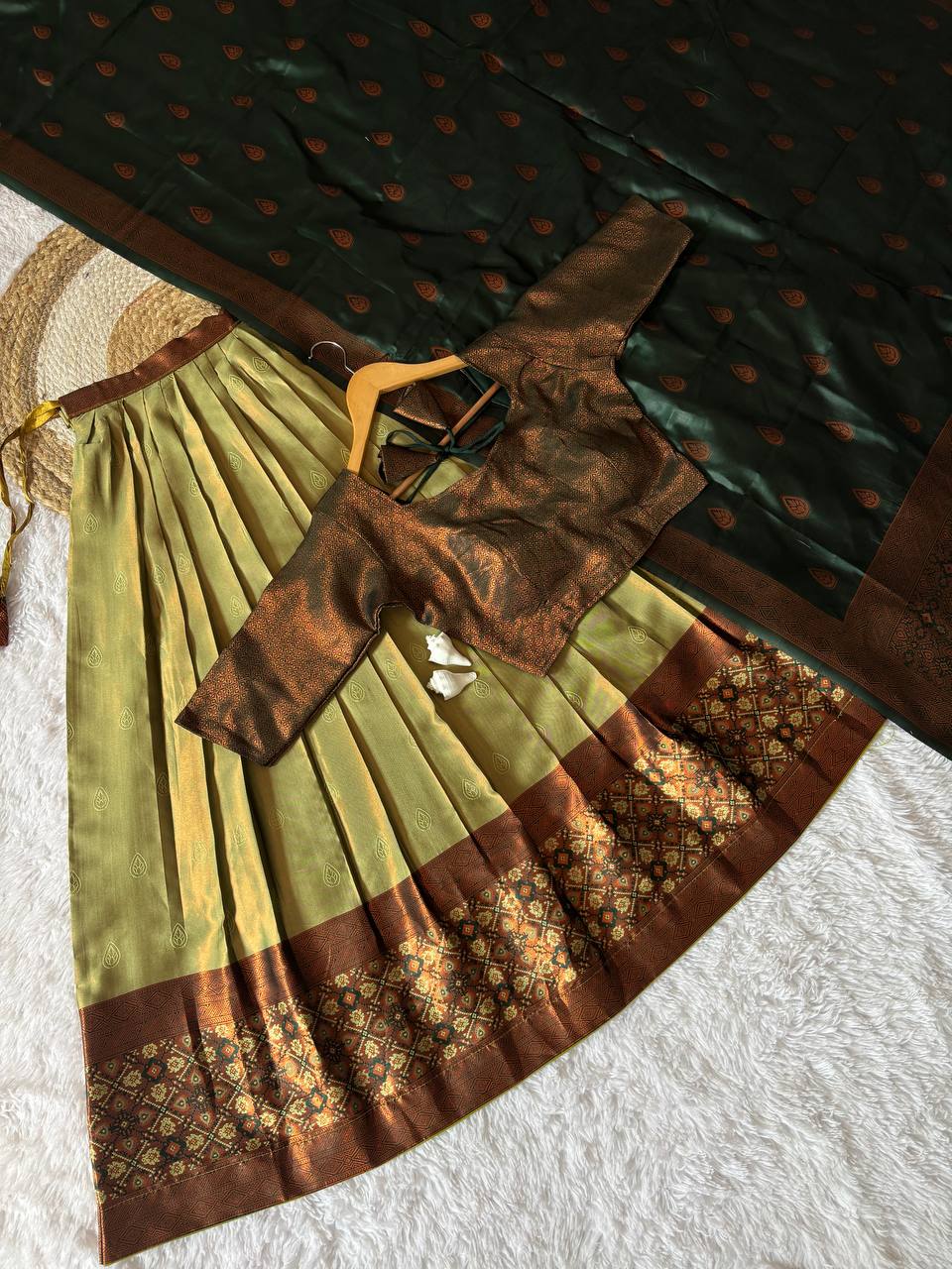 Olive Green Kanjiveram Silk Half Saree with Copper Zari Border