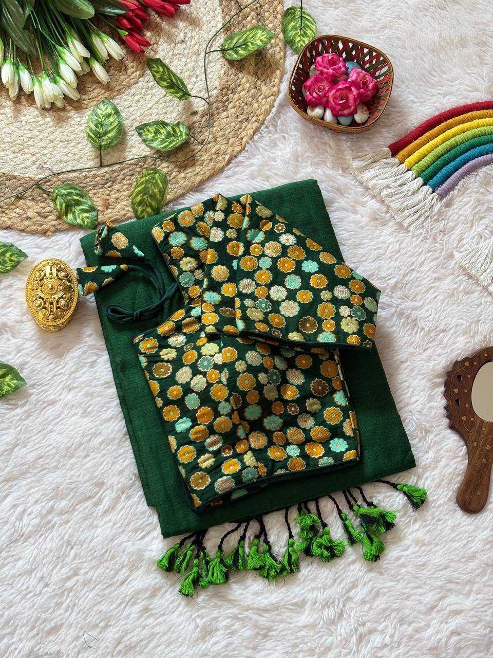 Bottle Green Mull Cotton Saree with Green Tassels & Multicolor Floral Brocade Blouse