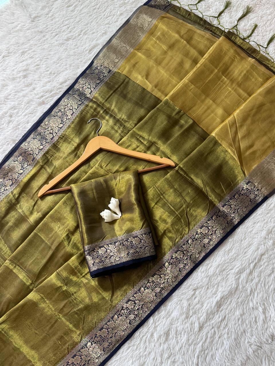 Olive Green2 Soft Space Silk Saree with Pure Zari Border & Rich Zari Pallu