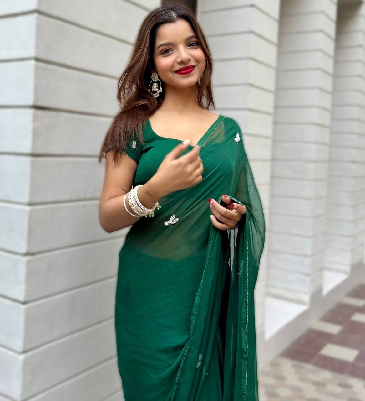 Bottle Green Handwork Cut Dana Georgette Dinner Saree with Silver Border