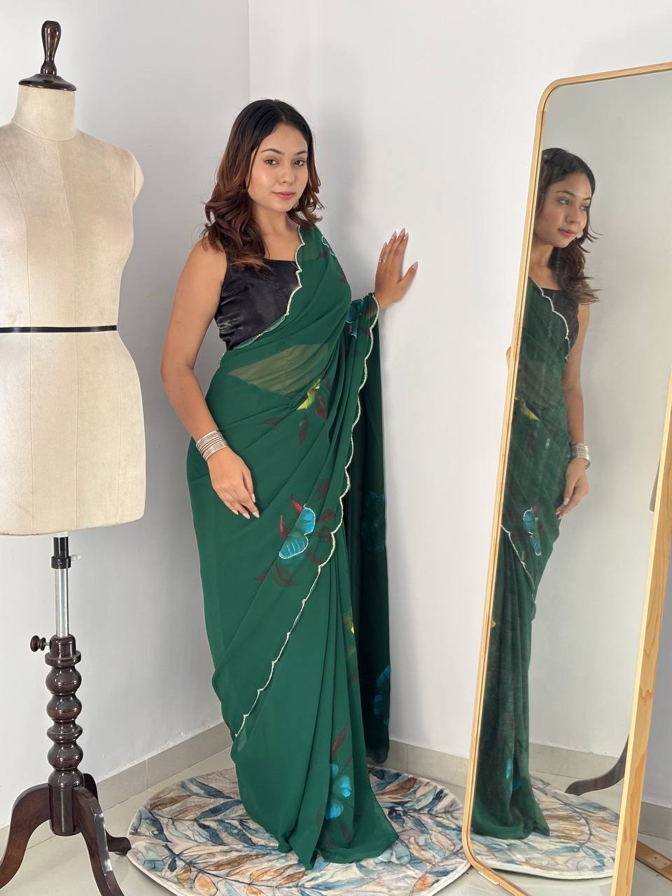 Celebrity Style Handpainted Green Georgette Saree with Cut Dana Khatali Work
