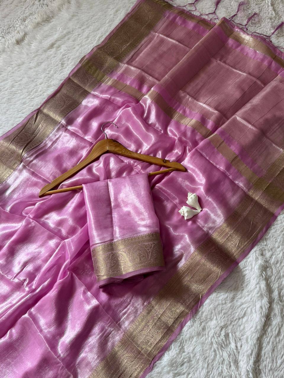 Blush Pink Super Shine Space Silk Saree with Pure Zari Belt Border