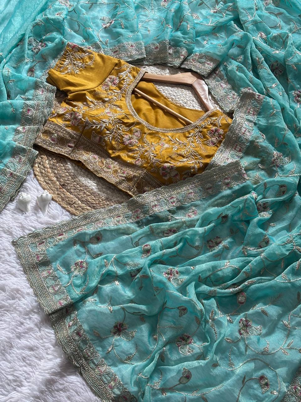 Sea Green NC Satin Wedding Saree with Rich Zari Meena Embroidery and Stitched Blouse