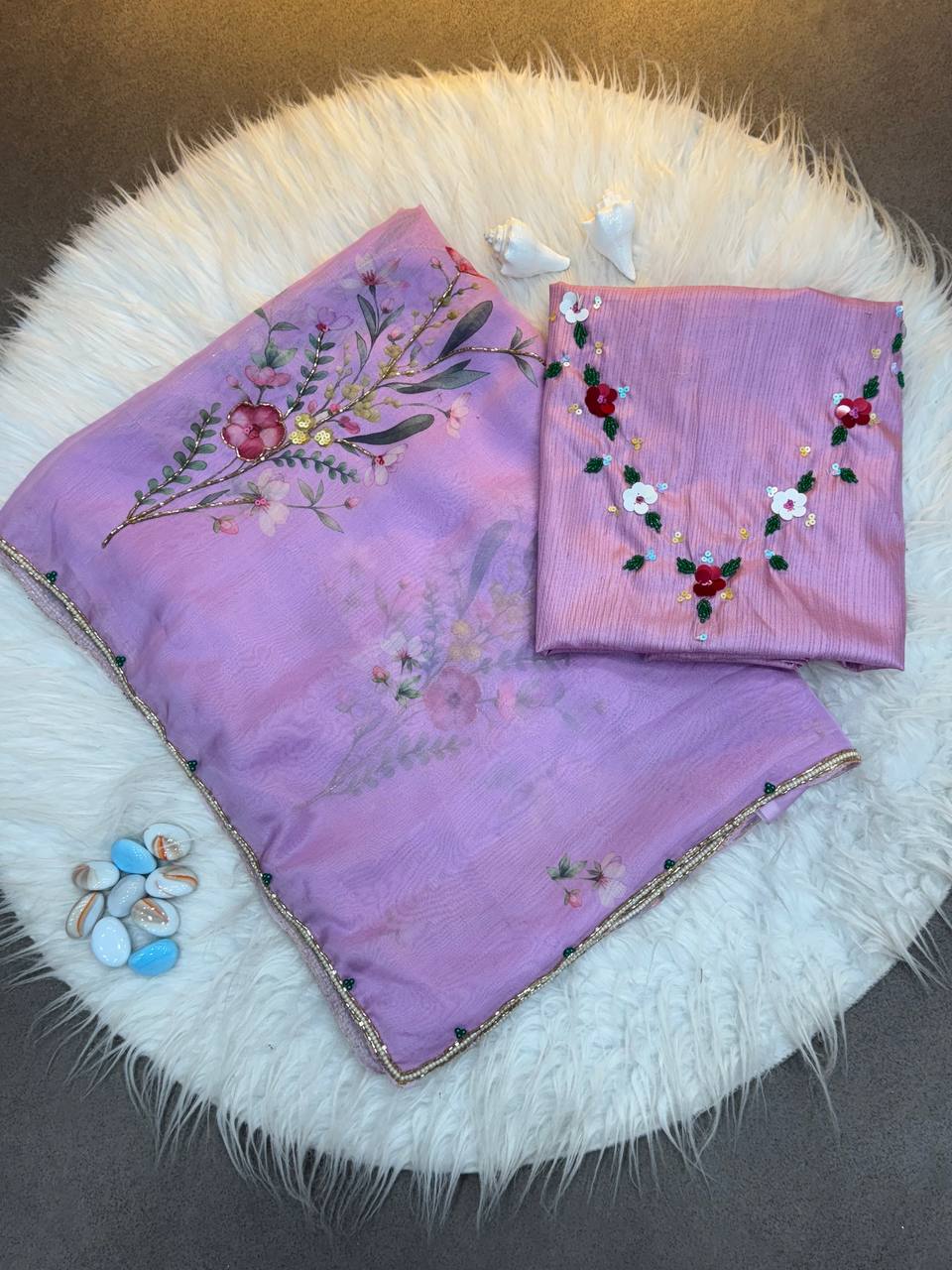 Soft Pink Tabi Organza Celebrity Style Saree with Floral Handwork
