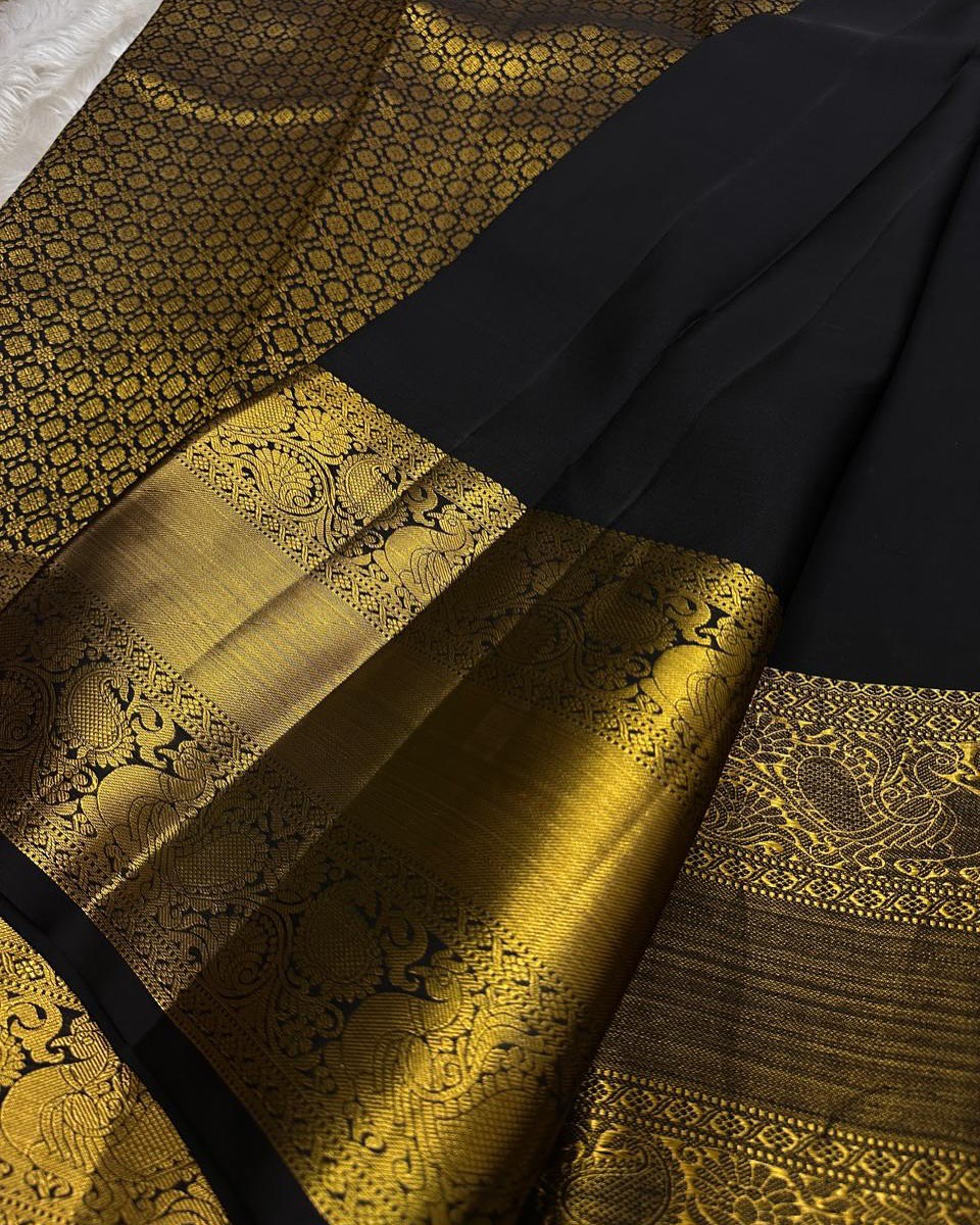 Shruti – Black Gold Banarasi Soft Silk Saree with Antique Zari Butti & Royal Border