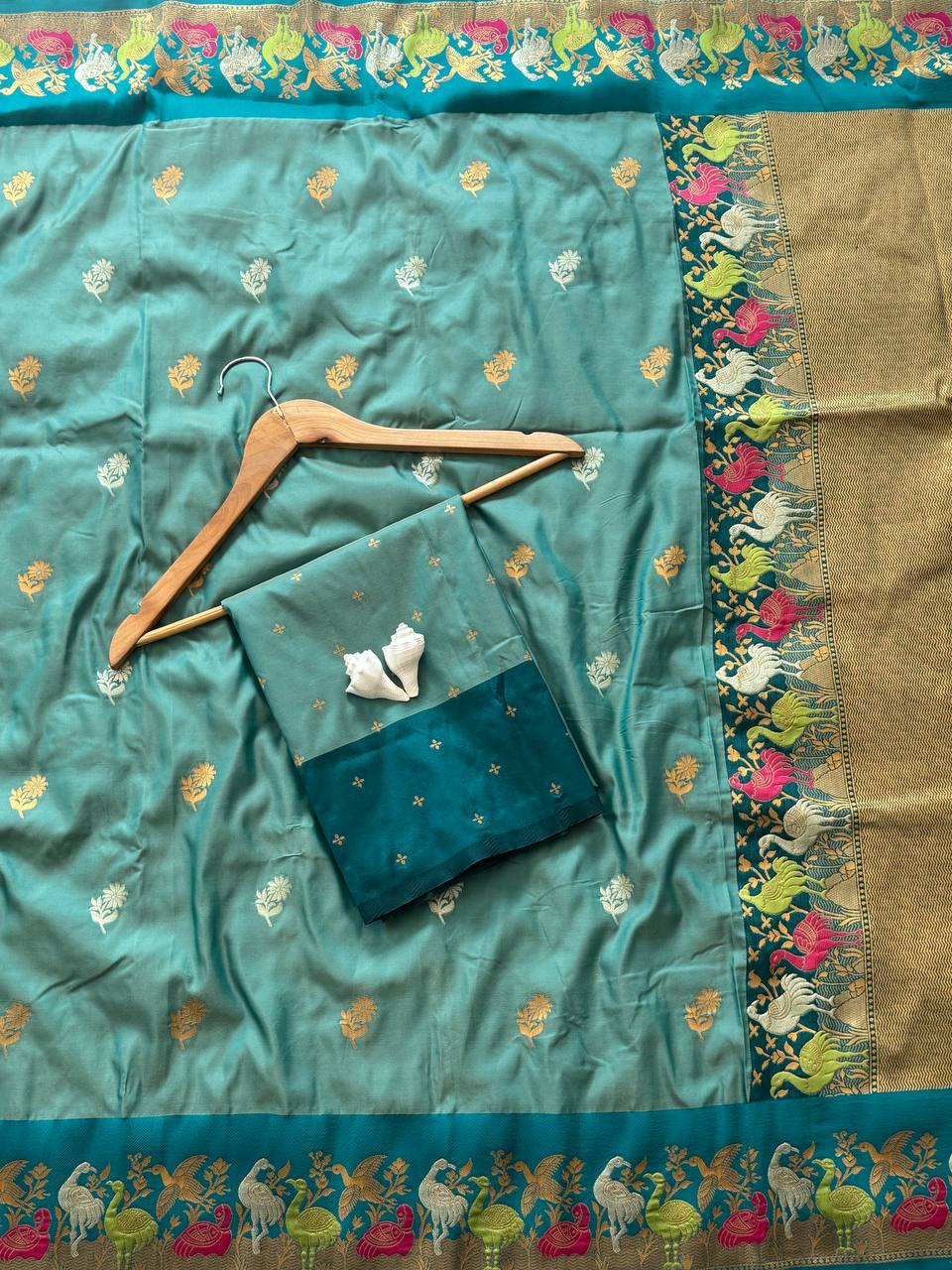 Aqua Green Soft Silk Saree with Zari Jacquard Border & Swan Motif Work