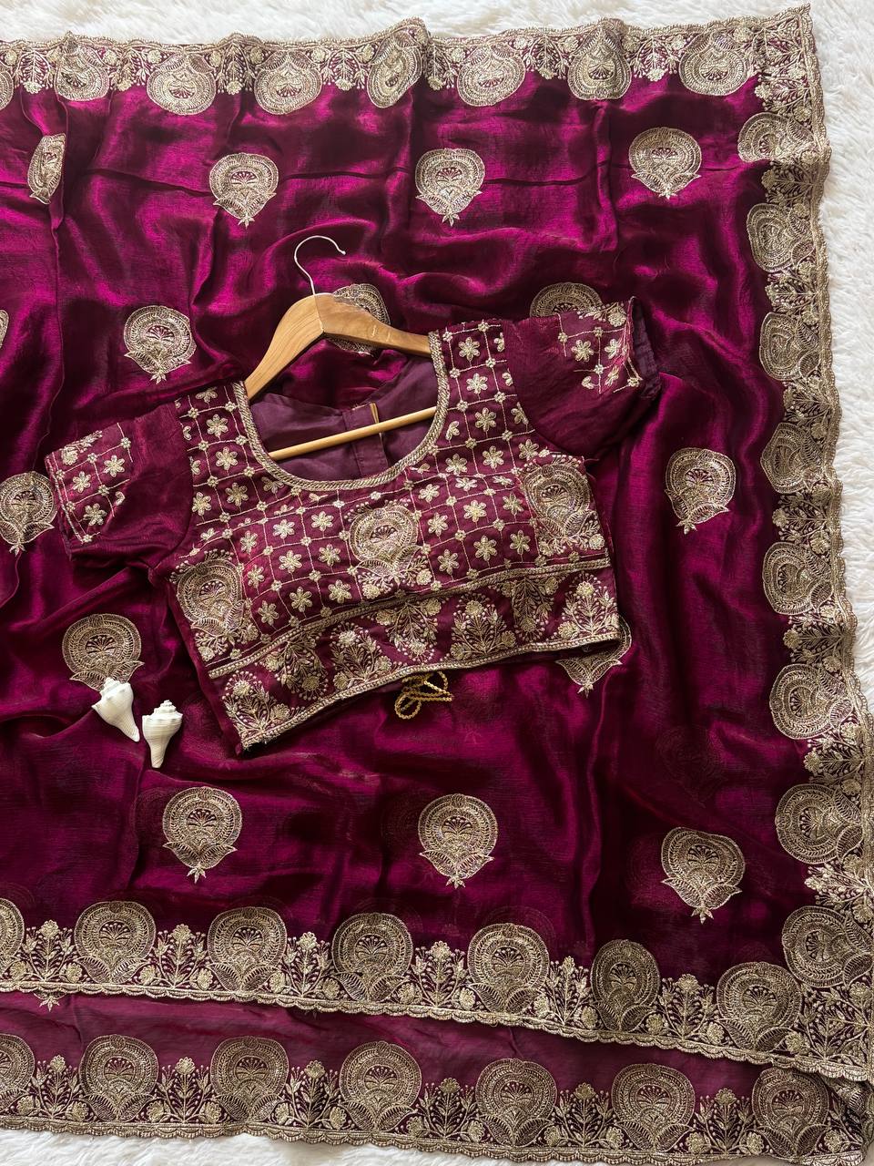 Wine Maroon Satin Saree with Heavy Embroidered Border and Stitched Blouse
