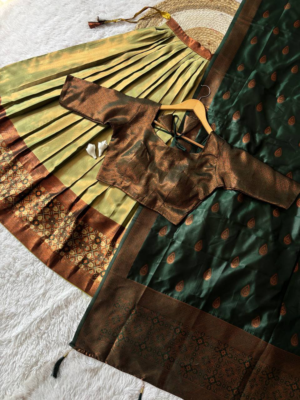 Olive Green Kanjiveram Silk Half Saree with Copper Zari Border