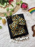 Black Mull Cotton Saree with White Tassels & Multicolor Floral Brocade Blouse