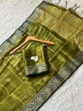 Olive Green Space Silk Saree with Pure Zari Border & Rich Zari Pallu