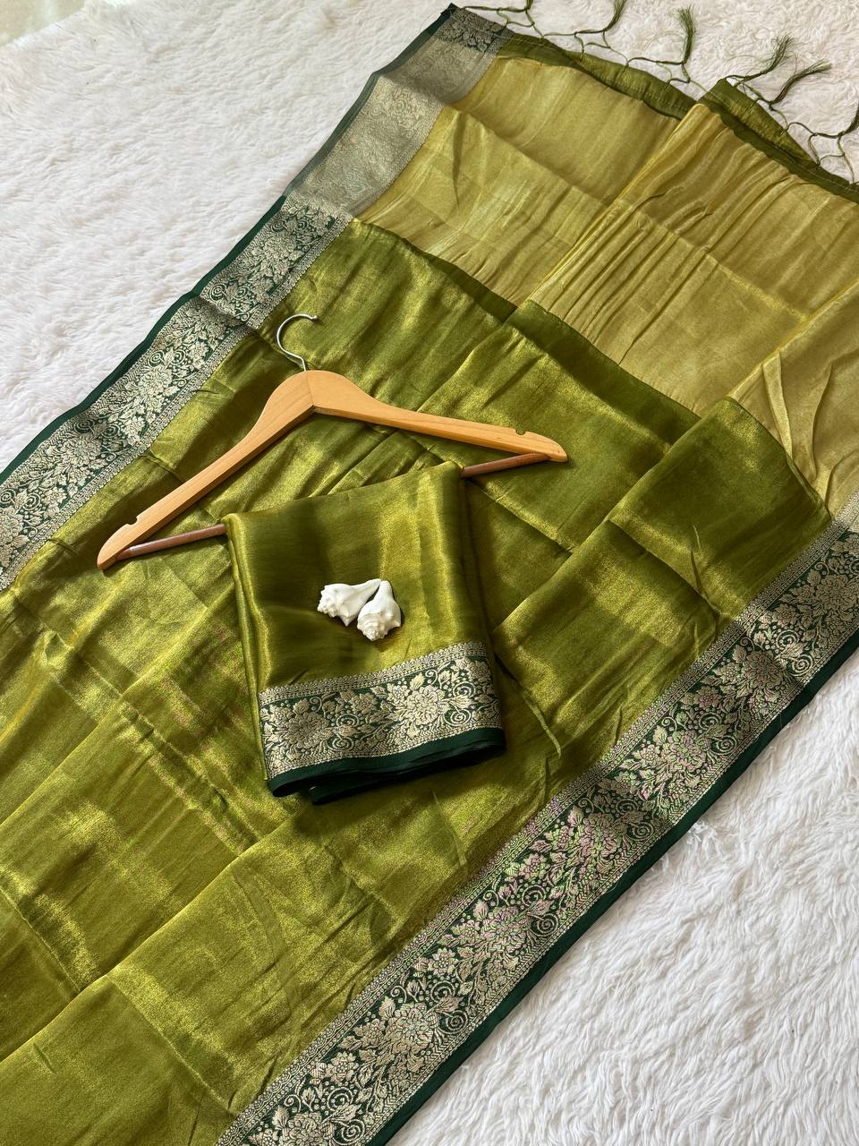 Olive Green Space Silk Saree with Pure Zari Border & Rich Zari Pallu