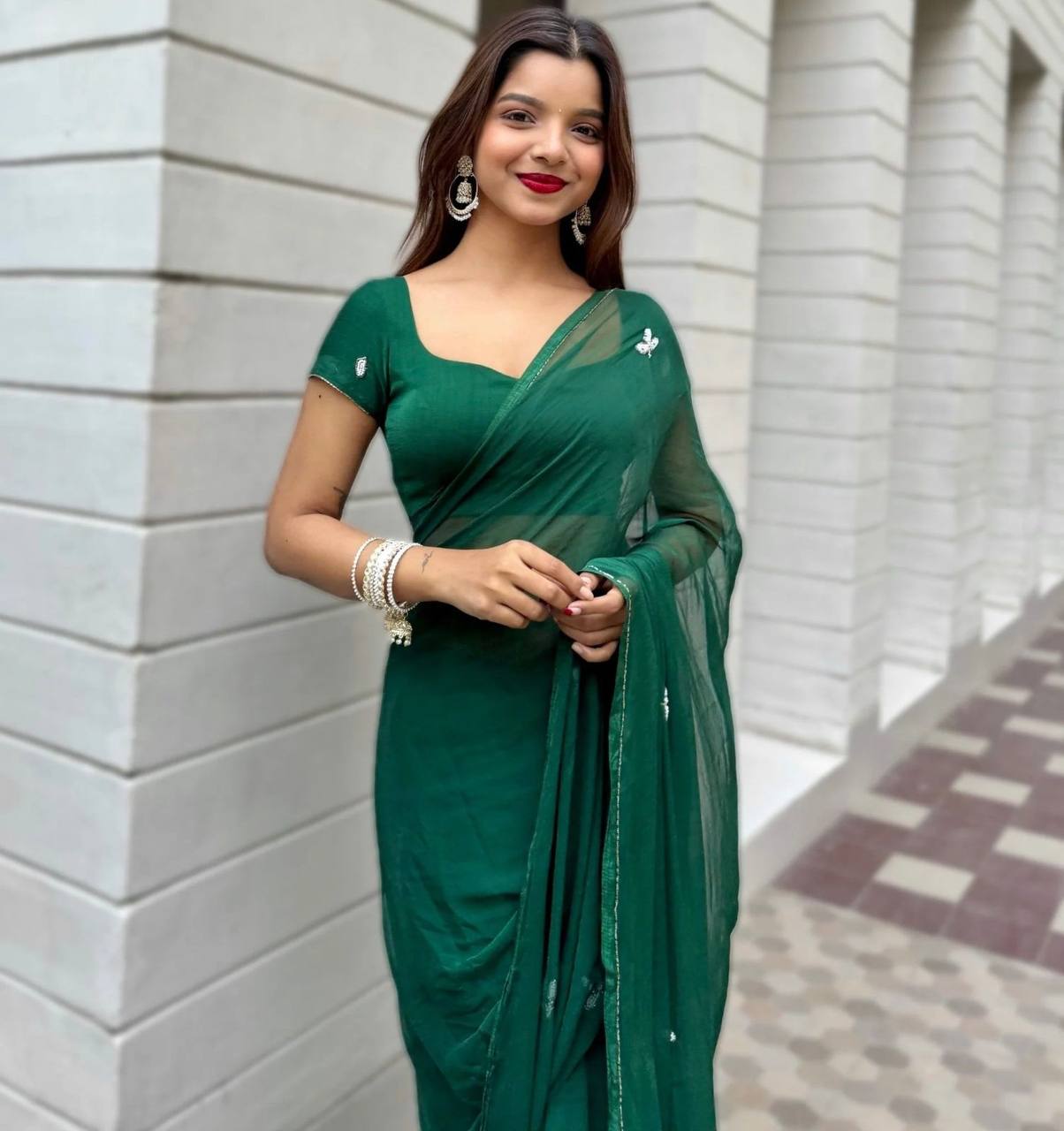 Bottle Green Handwork Cut Dana Georgette Dinner Saree with Silver Border