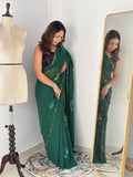 Celebrity Style Handpainted Green Georgette Saree with Cut Dana Khatali Work